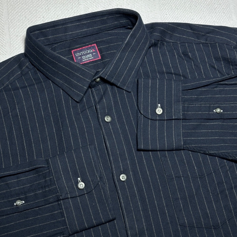 UNTUCKit Button Up Shirt Mens 2XL Meridian Chalk Stripe Cotton Flannel Dark Navy